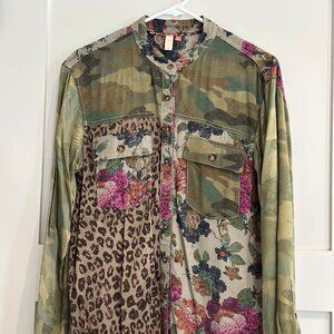 Camo, floral and leopard print Anthropologie button up shirt